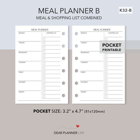 Meal Planner B (Pocket Size) Printable PDF : K32-B