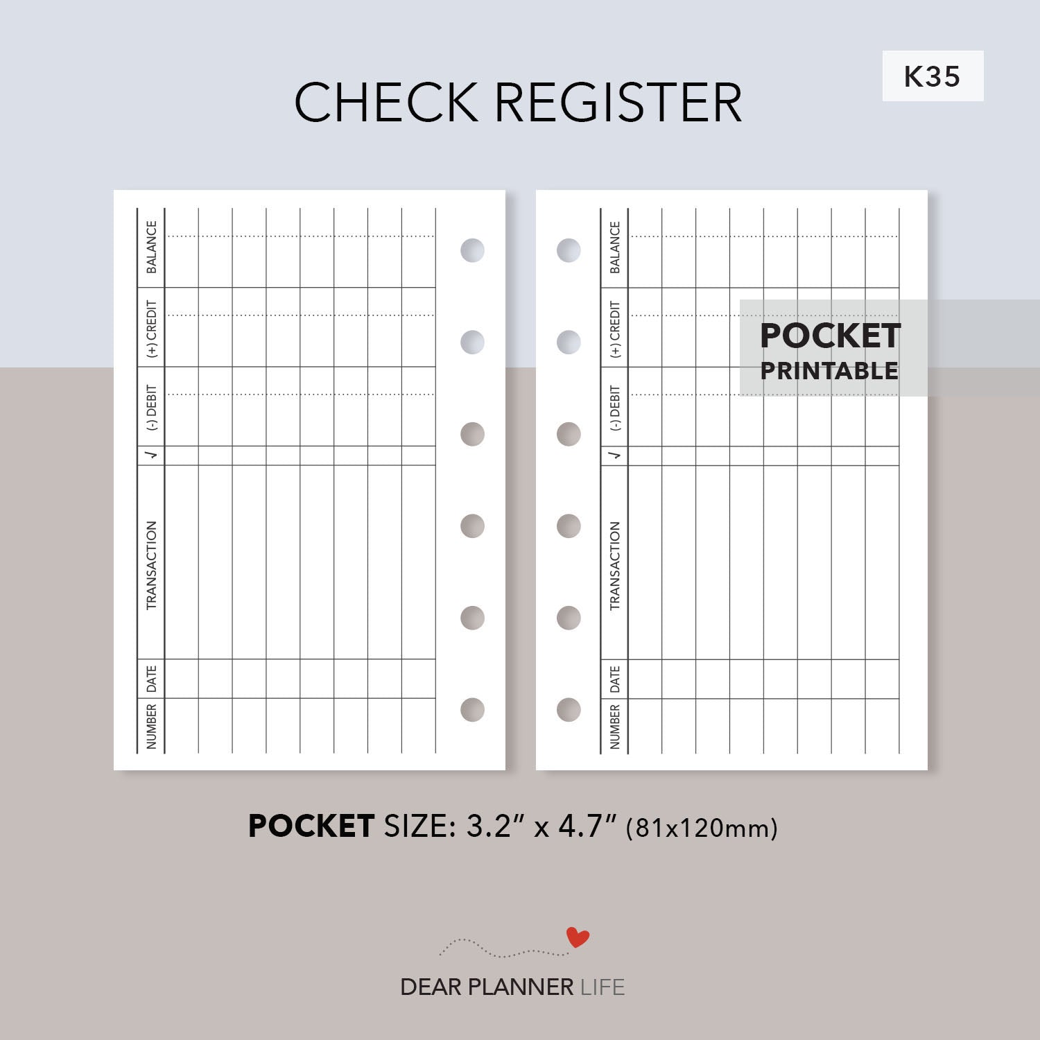 Check Register Printable (Pocket Size) Printable PDF : K35 – DearPlannerLife for Free Printable Checkbook Register Full Page