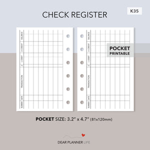Check Register Printable (Pocket Size) Printable PDF : K35