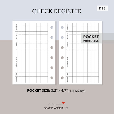 Check Register Printable (Pocket Size) Printable PDF : K35