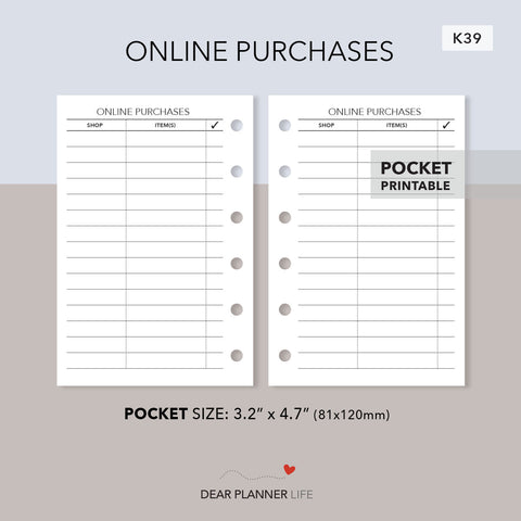 Online Purchase Tracker (Pocket Size) Printable PDF : K39