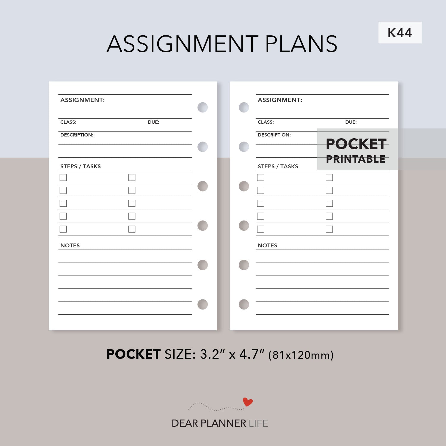 Assignment Plans (Pocket Size) Printable PDF : K44