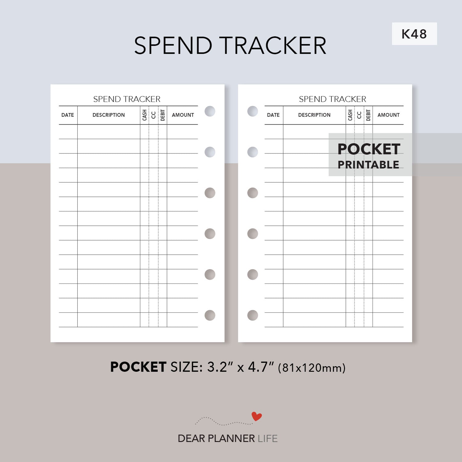 Spend Tracker (Pocket Size) Printable PDF : K48