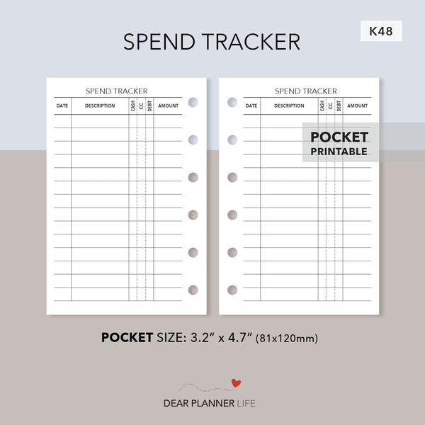 Spend Tracker (Pocket Size) Printable PDF : K48