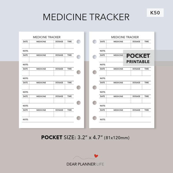 Medicine Tracker (Pocket Size) Printable PDF : K-50