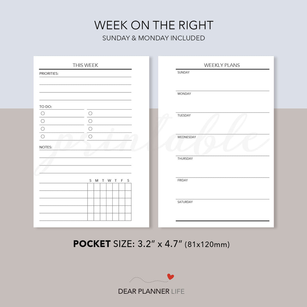 Undated Week Undated Weekly Agenda, Week on 1 Page (Pocket Size) Printable PDF : K ...