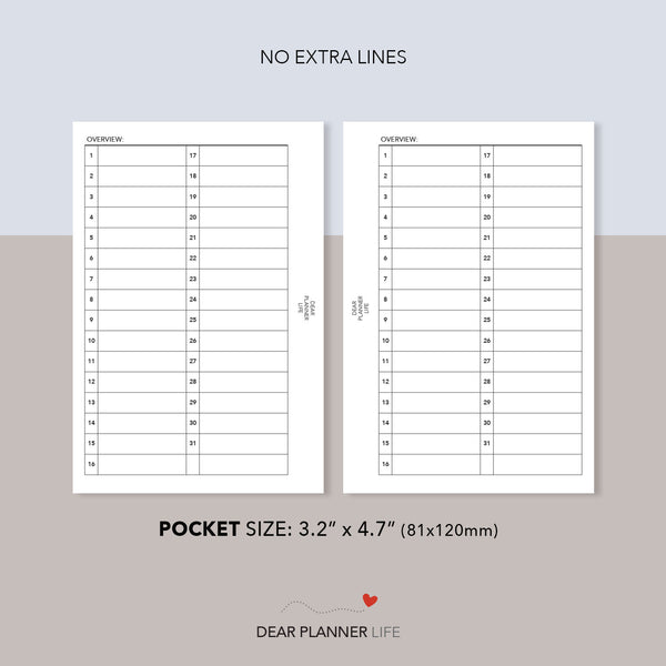 31-Day Month List Overview (Pocket Size) Printable PDF : K-61