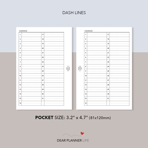 31-Day Month List Overview (Pocket Size) Printable PDF : K-61