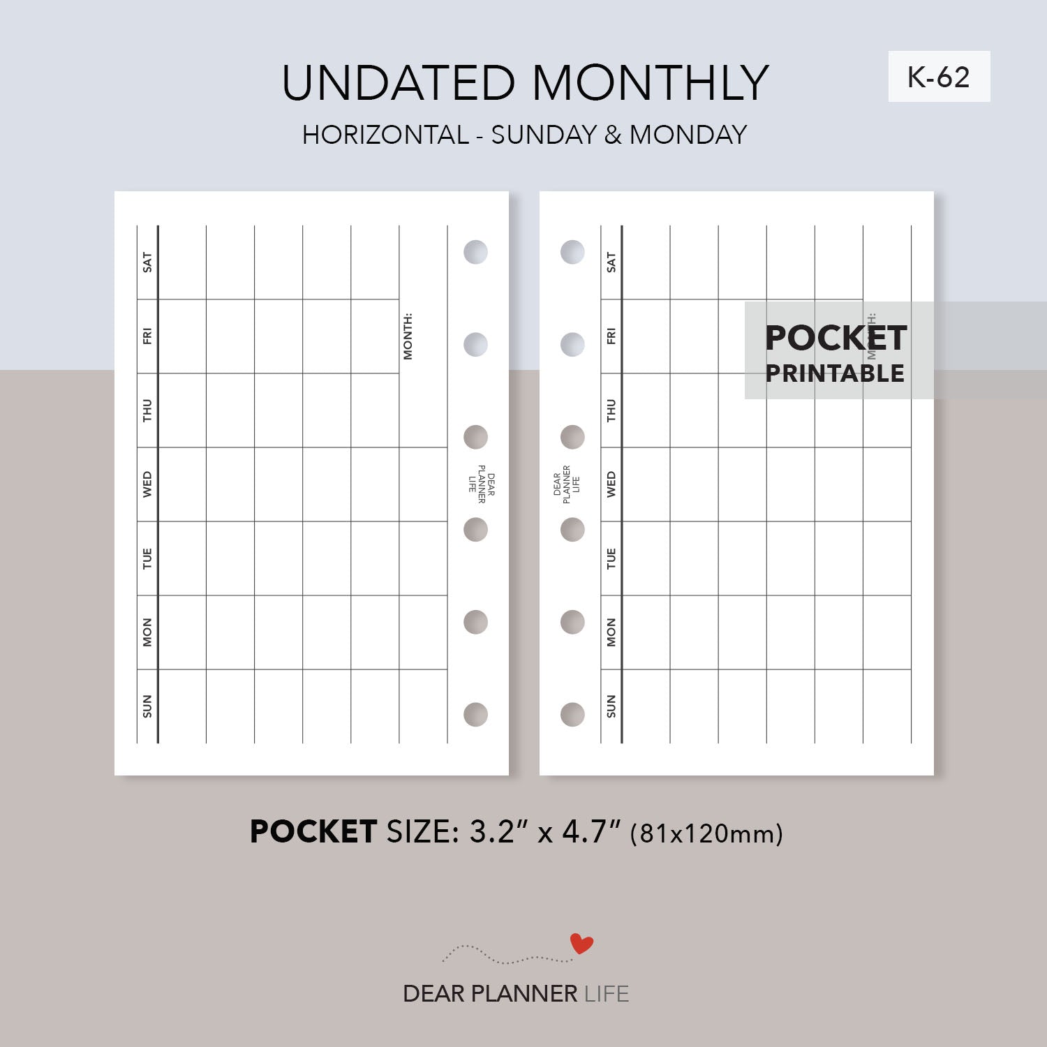 Undated Horizontal Month on 1 Page (Pocket Size) Printable PDF : K-62 – DearPlannerLife undated-horizontal-month-on-1-page-pocket-size-printable-pdf-k-62-dearplannerlife