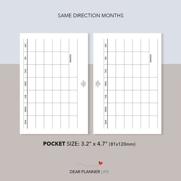 Undated Horizontal Month on 1 Page (Pocket Size) Printable PDF : K-62