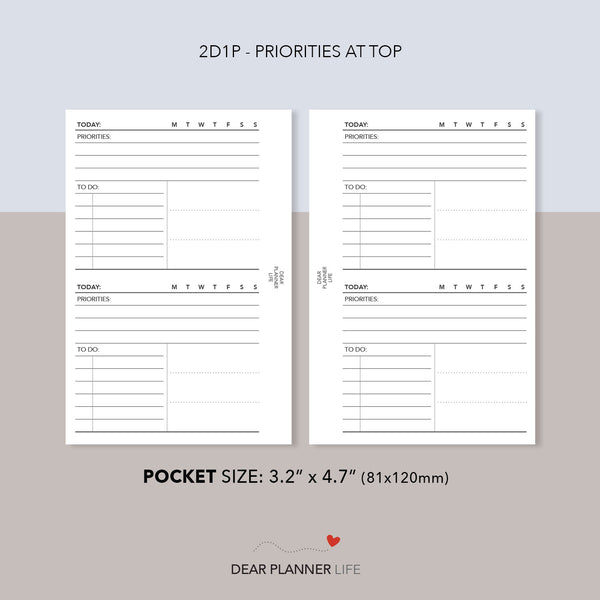 2 Days on 1 Page with Priorities at Top (Pocket Size) Printable PDF : K-73