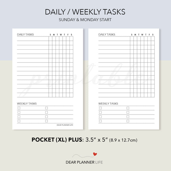 Daily / Weekly Tasks Tracker (Pocket Plus) Printable PDF : KP-02