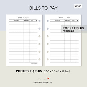 Bills To Pay (Pocket Plus) Printable PDF : KP-05