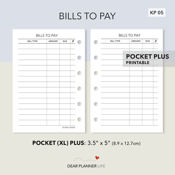 Bills To Pay (Pocket Plus) Printable PDF : KP-05