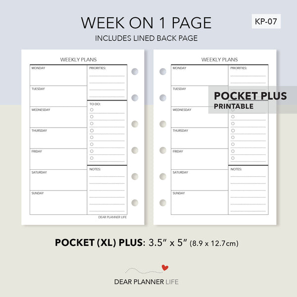 Undated Week on 1 Page (Pocket Plus) Printable PDF : KP-07