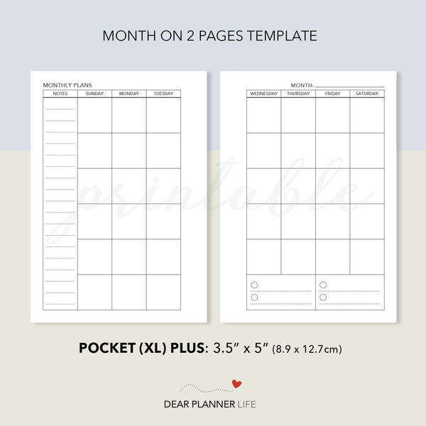 Undated Month on 2 Pages Template (Pocket Plus) Printable PDF : KP-22.25