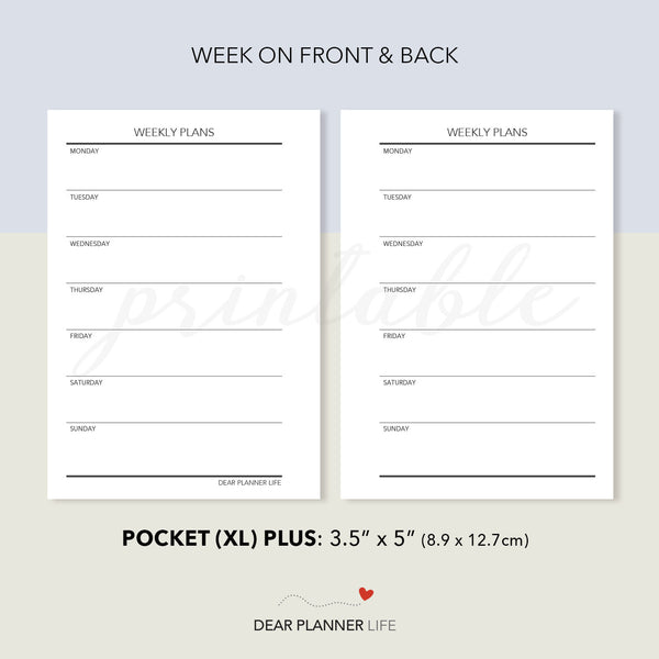 Undated Week on 1 Page, Basic Style (Pocket Plus) Printable PDF : KP-31