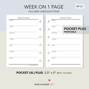 Undated Week on 1 Page, Basic Style (Pocket Plus) Printable PDF : KP-31