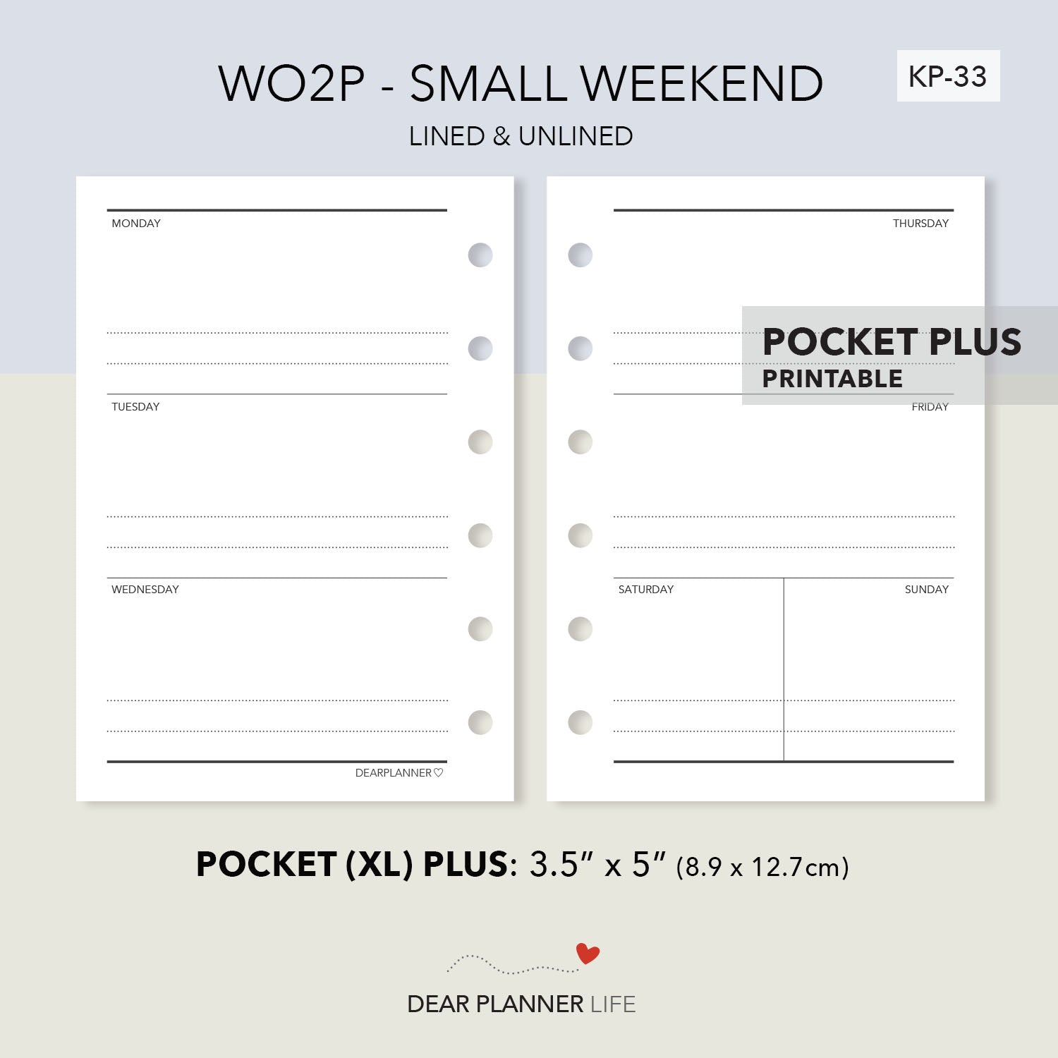 Week on 2 Pages with Small Weekend (Pocket Plus) Printable PDF : KP-33