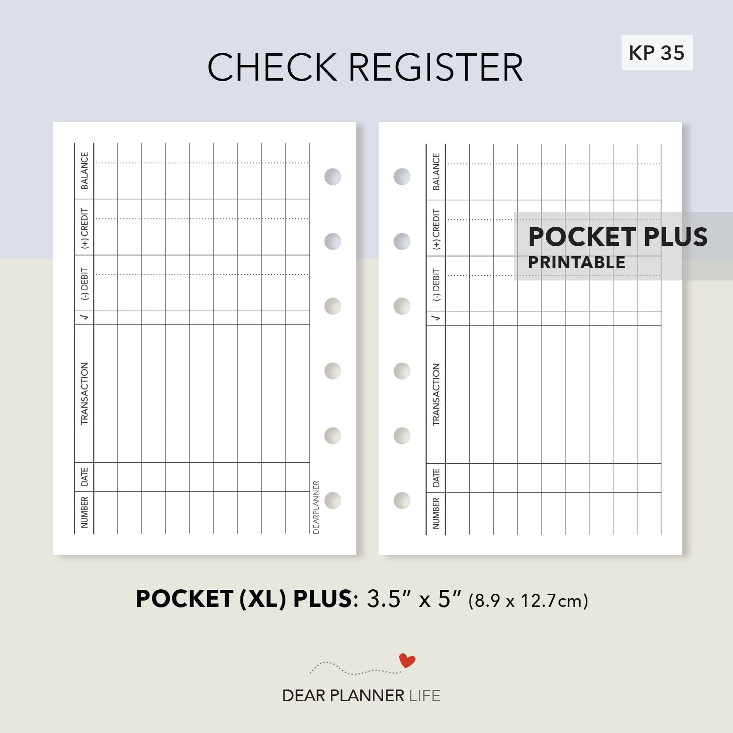 Check Register Pages (Pocket Plus) Printable PDF : KP-35 – DearPlannerLife