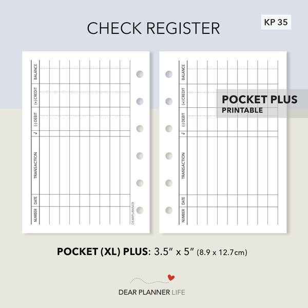 Check Register Pages (Pocket Plus) Printable PDF : KP-35
