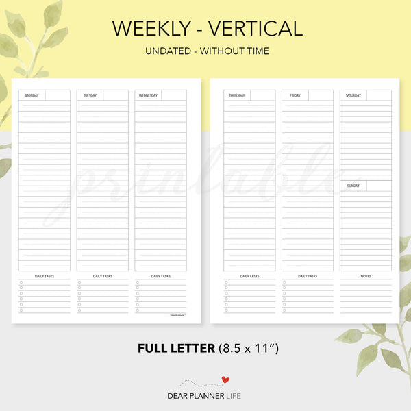 Undated Vertical Week on 2 Pages (Letter Size) Printable PDF - L-26