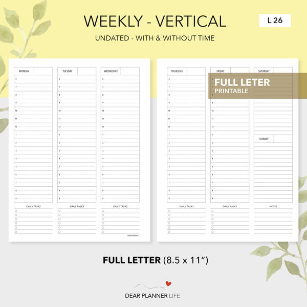 Undated Vertical Week on 2 Pages (Letter Size) Printable PDF - L-26