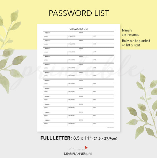 Password List (Letter Size) Printable PDF - L-28