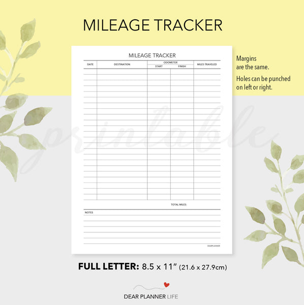 Mileage Tracker (Letter Size) Printable PDF - L-49