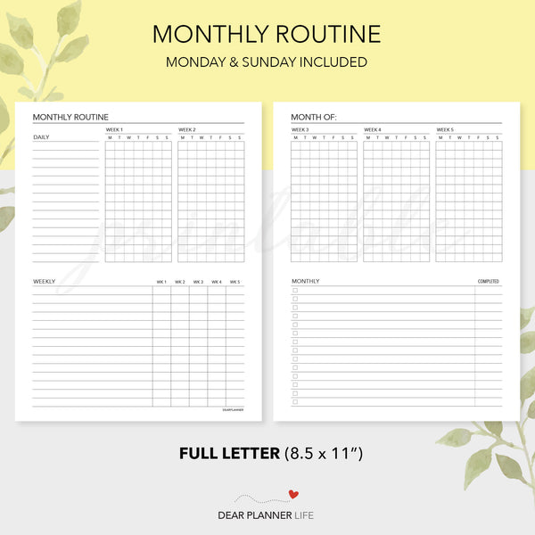 Monthly Routine Tracker (Letter Size) Printable PDF - L-63