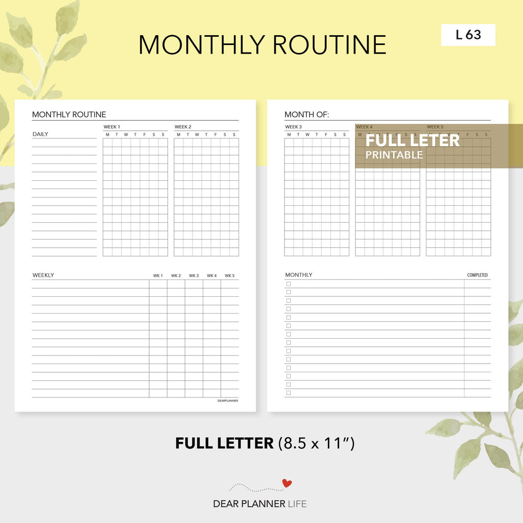 Monthly Routine Tracker (Letter Size) Printable PDF - L-63 ...