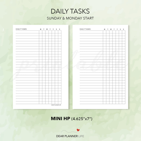 Daily Tasks Tracker (Mini HP Size) Printable PDF : M-01