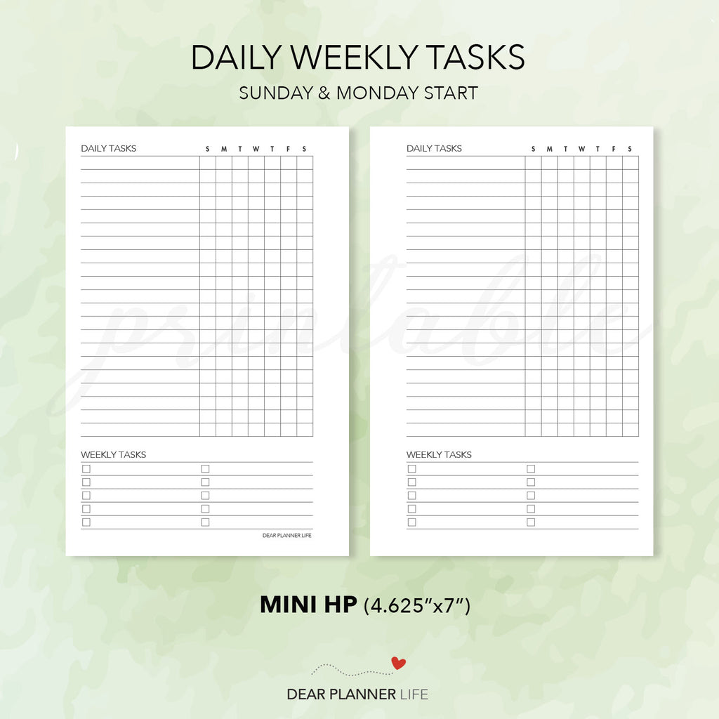 Daily-Weekly Tasks Tracker (Mini HP Size) Printable PDF : M-02 ...