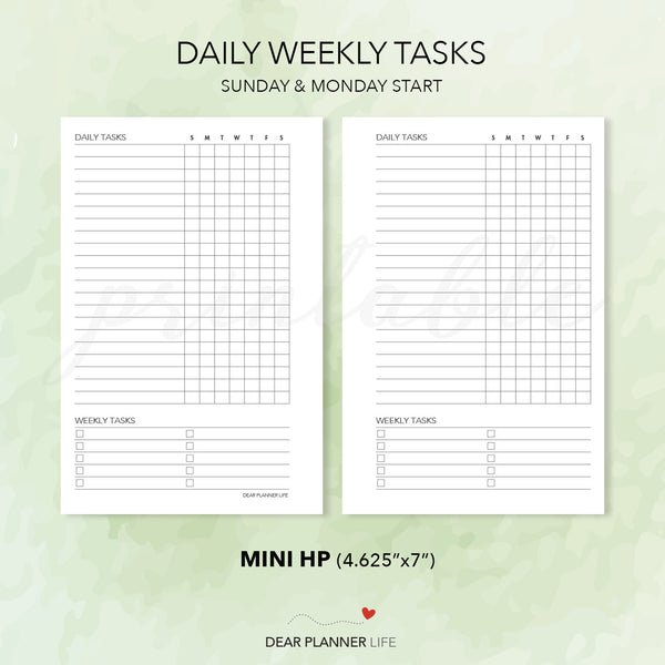 Daily-Weekly Tasks Tracker (Mini HP Size) Printable PDF : M-02