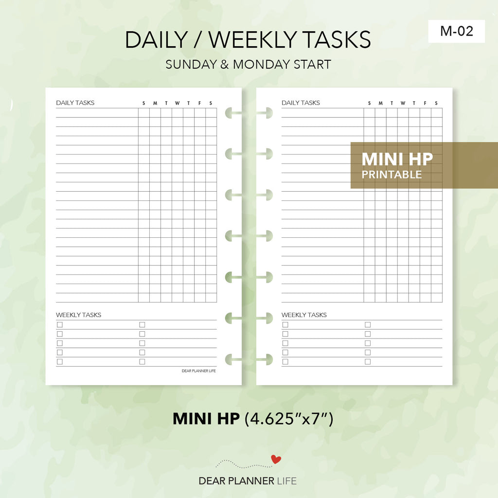 Pdf Planner Tasktracker Daily-Weekly Tasks Tracker (Mini HP Size) Printable PDF : M-02 ...