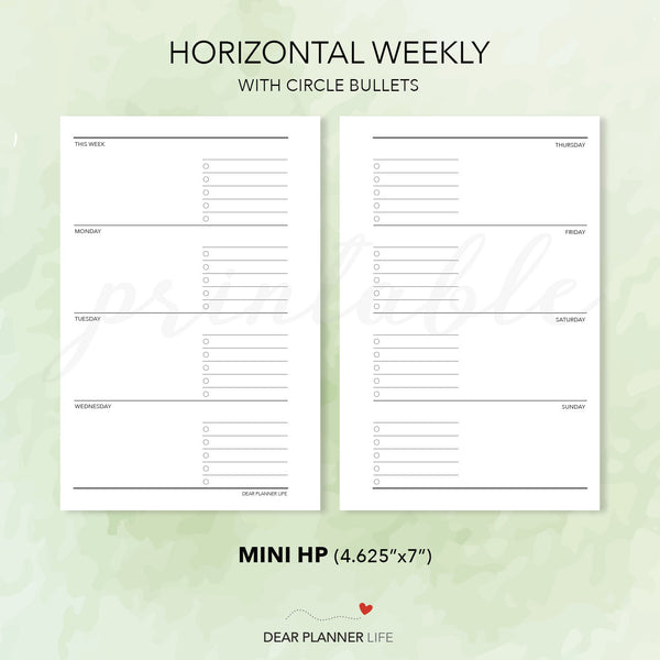 Horizontal Week on 2 Pages (Mini HP Size) Printable PDF : M-04