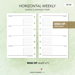 Horizontal Week on 2 Pages (Mini HP Size) Printable PDF : M-04