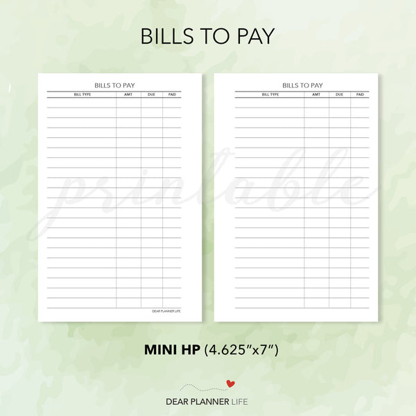 Bills To Pay (Mini HP Size) Printable PDF : M-05