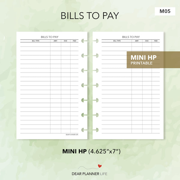 Bills To Pay (Mini HP Size) Printable PDF : M-05