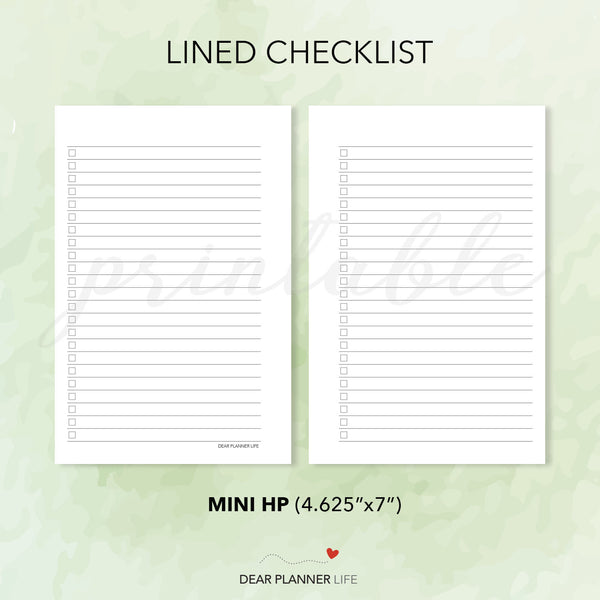 Lined Checklist (Mini HP Size) Printable PDF : M-09