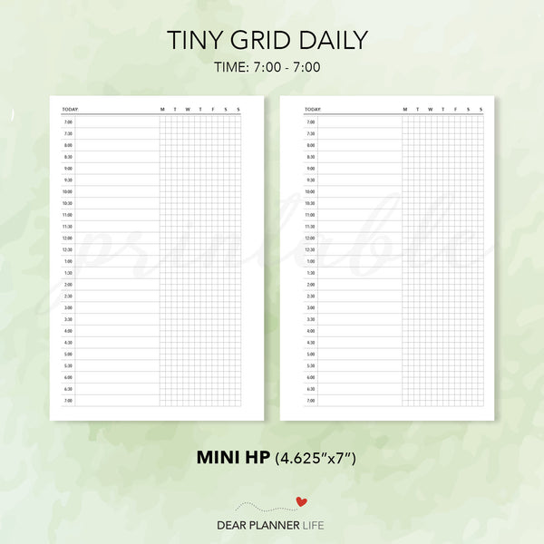 Tiny Grid Daily, With & Without Time (Mini HP Size) Printable PDF : M-11