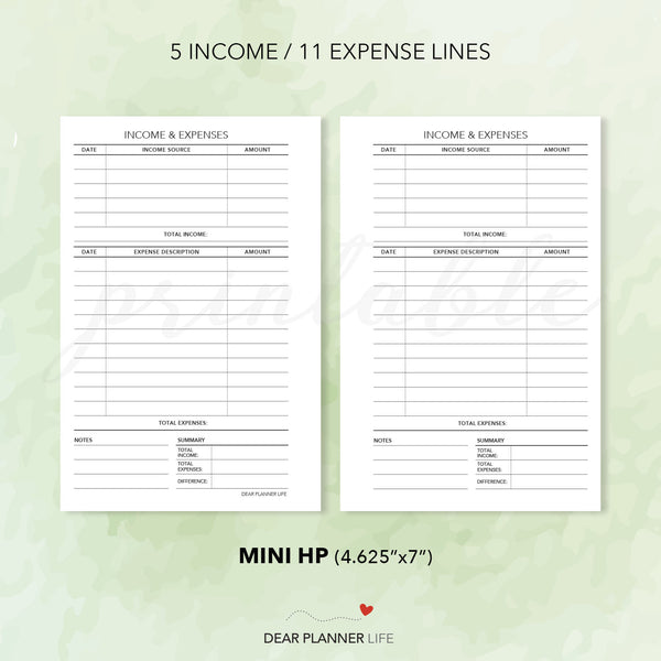 Income & Expenses Tracker (Mini HP Size) Printable PDF : M-16