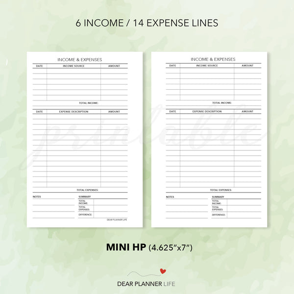 Income & Expenses Tracker (Mini HP Size) Printable PDF : M-16