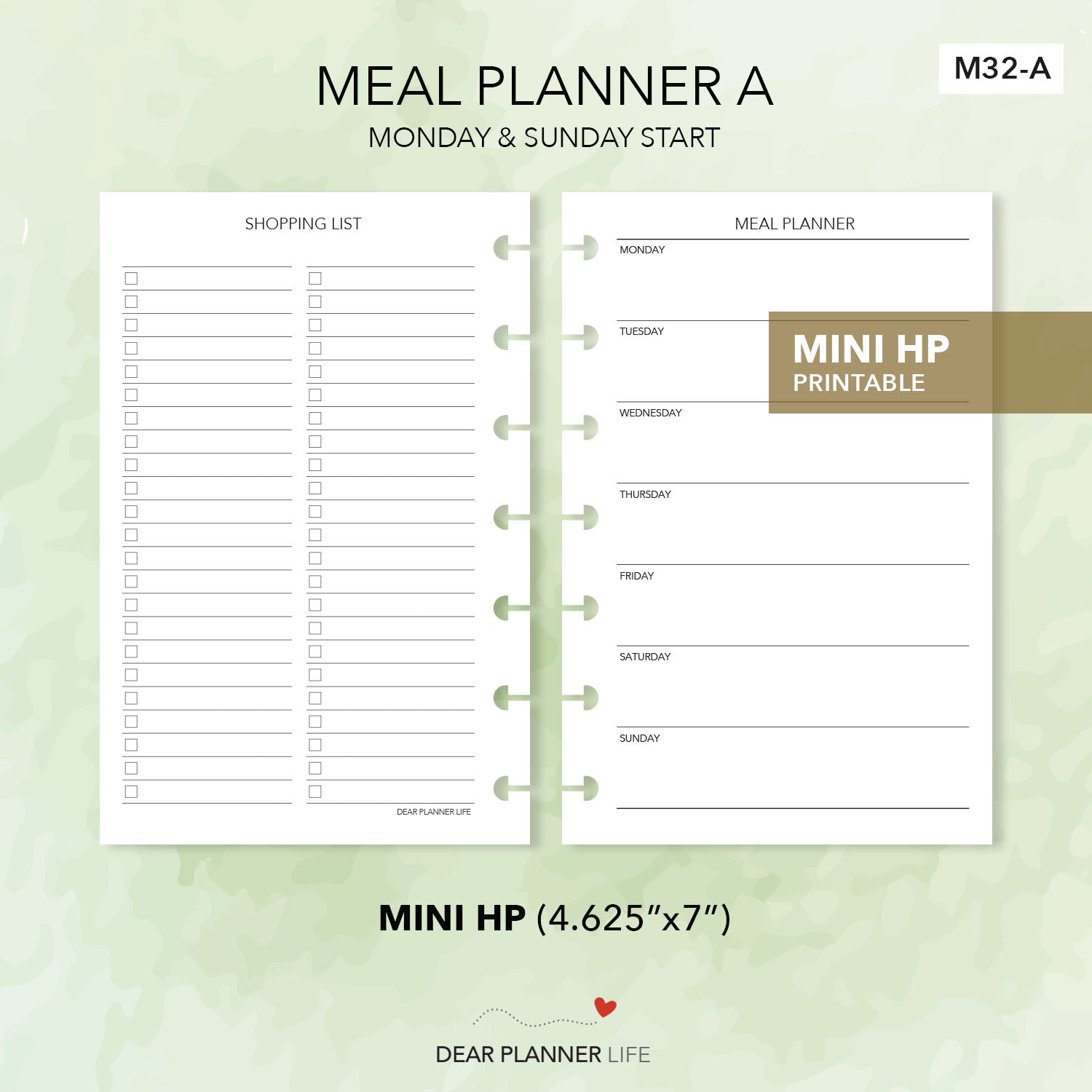 Meal Planner A (Mini HP Size) Printable PDF : M-32 A