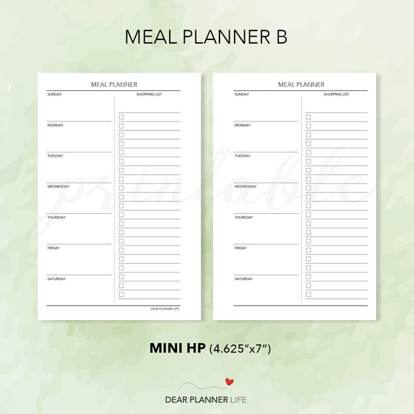 Meal Planner B (Mini HP Size) Printable PDF : M-32 B