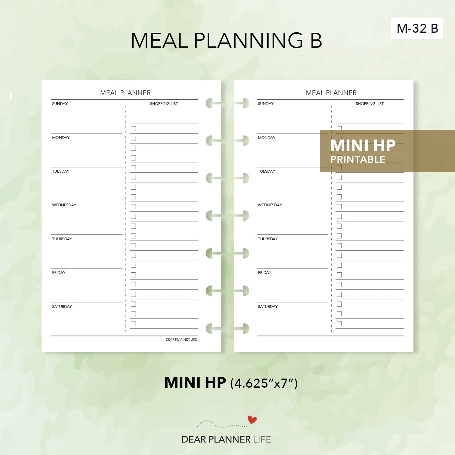 Meal Planner B (Mini HP Size) Printable PDF : M-32 B