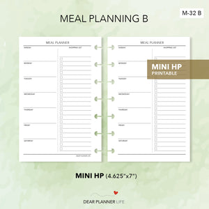 Meal Planner B (Mini HP Size) Printable PDF : M-32 B