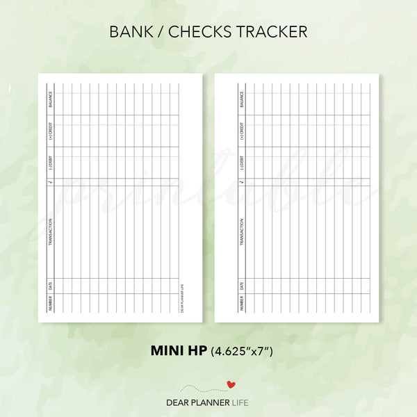 Bank / Check Transactions Log (Mini HP Size) Printable PDF : M-35