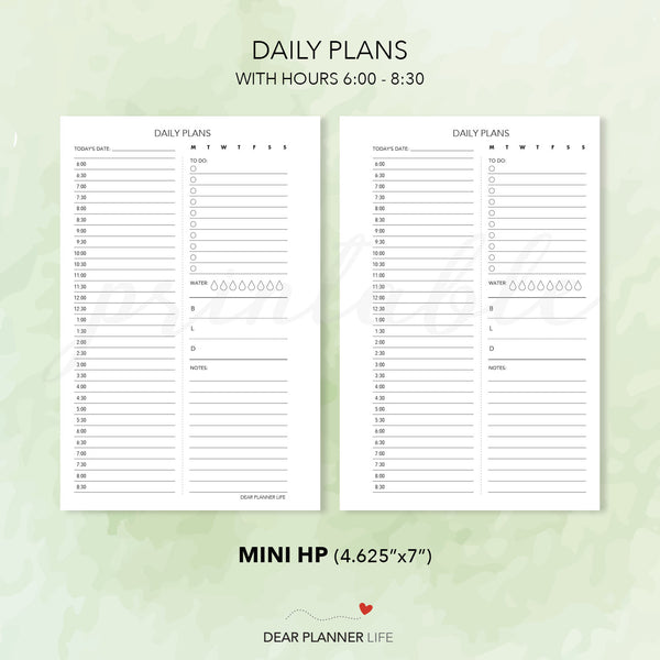 Daily Plans With or Without Hours (Mini HP Size) Printable PDF : M-36