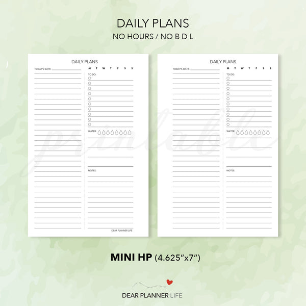 Daily Plans With or Without Hours (Mini HP Size) Printable PDF : M-36